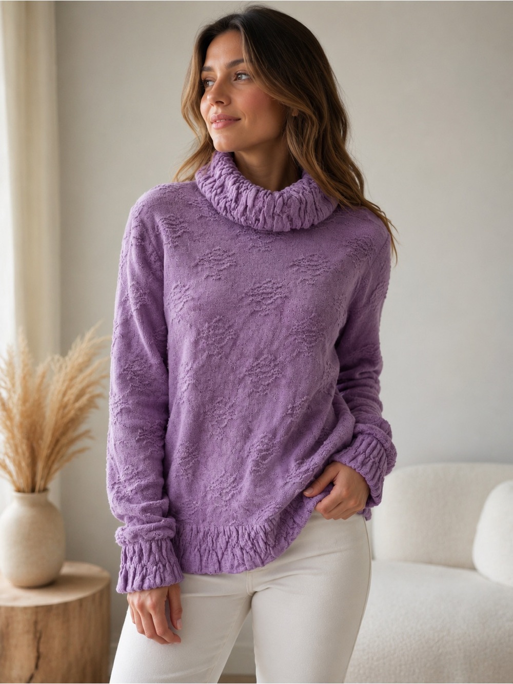 Kuna 100% luxury baby Alpaca cowl neck sweater top purple/lilac/Lavender ruffle